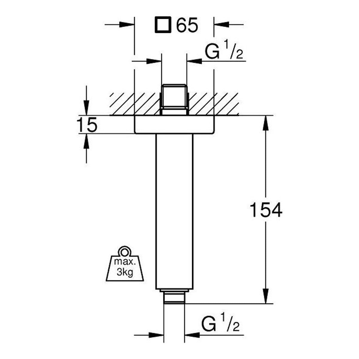 Grohe Rainshower držač tuš ruže plafonski 154mm 27711000 – tehnički crtež