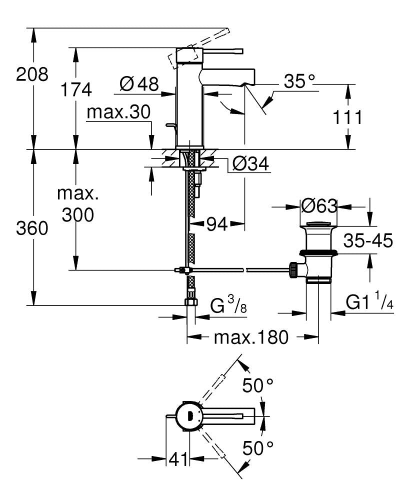 Grohe Essence za lavabo S size 32898001 – tehnički crtež