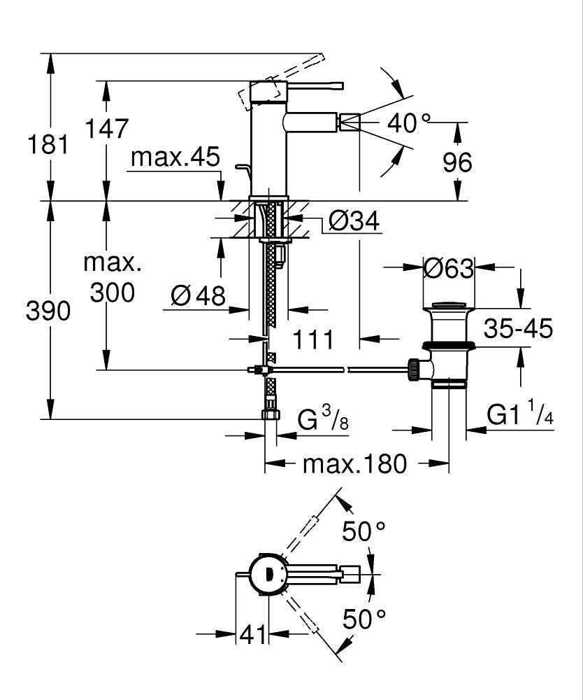 Grohe Essence jednoručna baterija za bide S – Size 32935001 – tehnički crtež