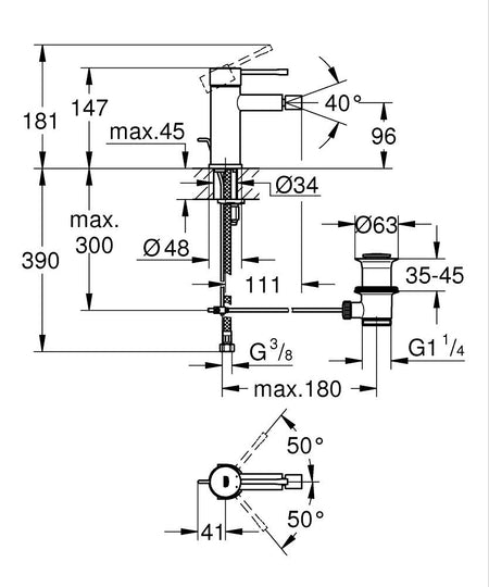 Grohe Essence jednoručna baterija za bide S – Size 32935001 – tehnički crtež
