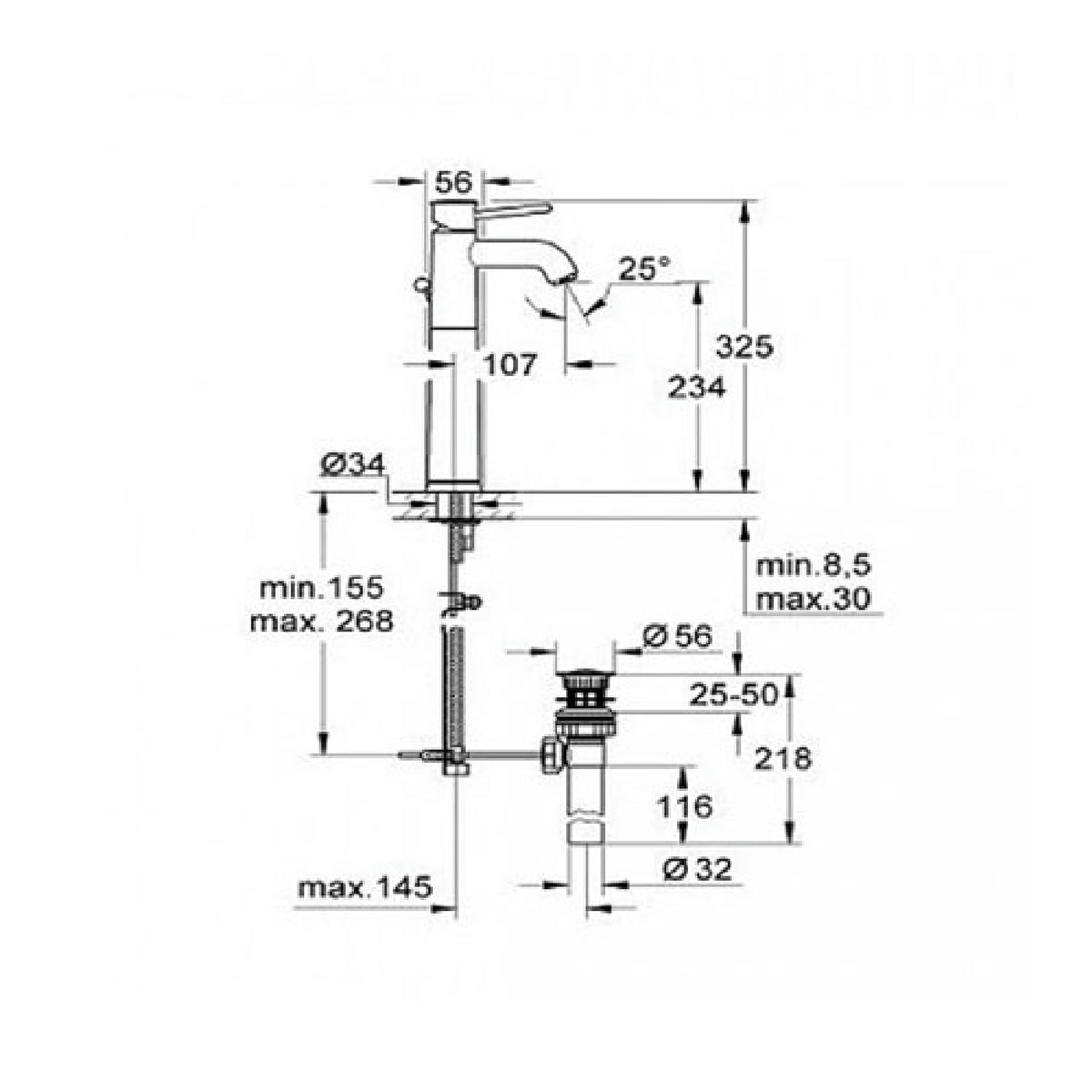 Grohe BauClassic za lavabo Visoka 32868000 – tehnički crtež