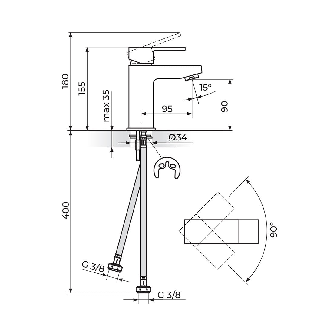 Rosan Quadro baterija za lavabo JQ30101 – tehnički crtež