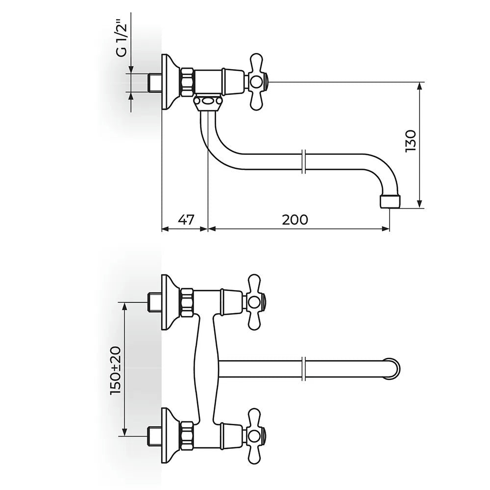 Rosan Nostalgija baterija za sudoperu – lavabo izliv 200mm – S N01101 – tehnički crtež