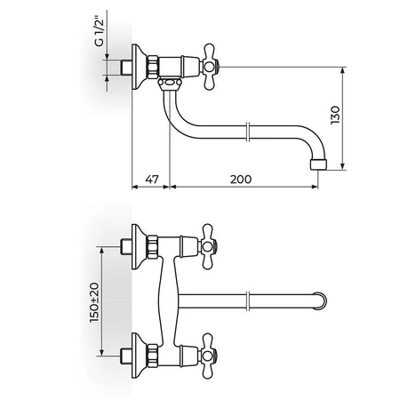 Rosan Nostalgija baterija za sudoperu – lavabo izliv 200mm – S N01101 – tehnički crtež