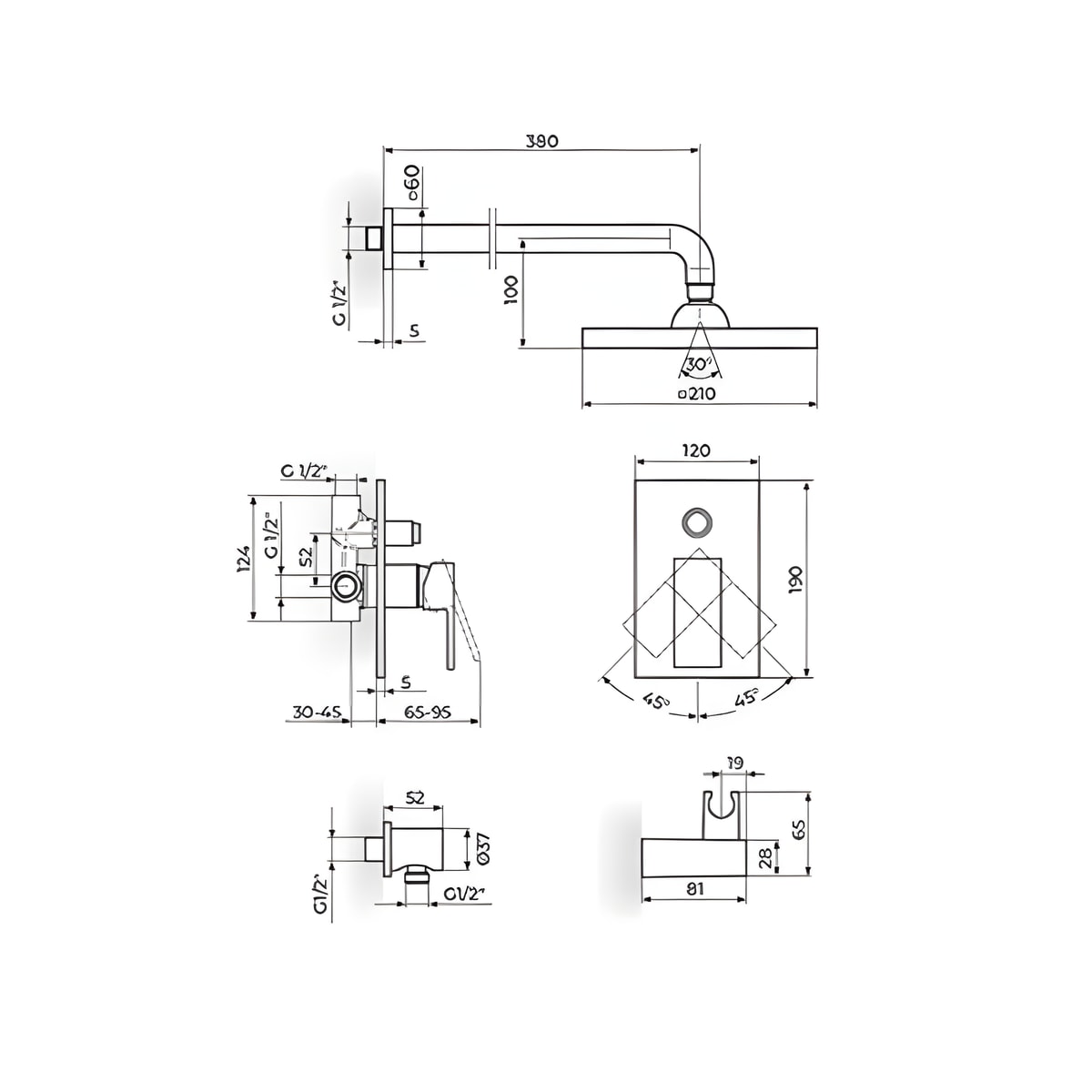 Rosan Quadro uzidna baterija za tuš kadu JQ316011 – tehnički crtež