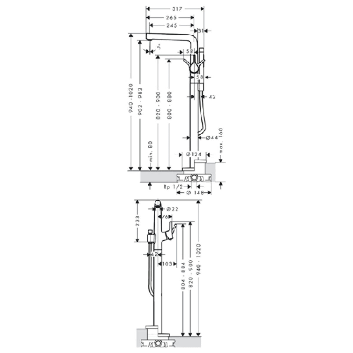 Hansgrohe Talis S podna za kadu 72412000 – tehnički crtež