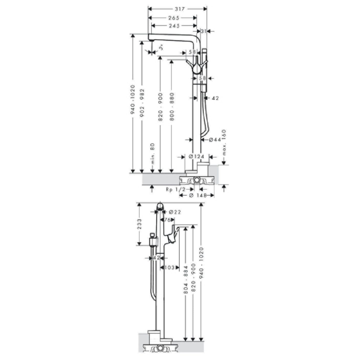 Hansgrohe Talis S podna za kadu 72412000 – tehnički crtež
