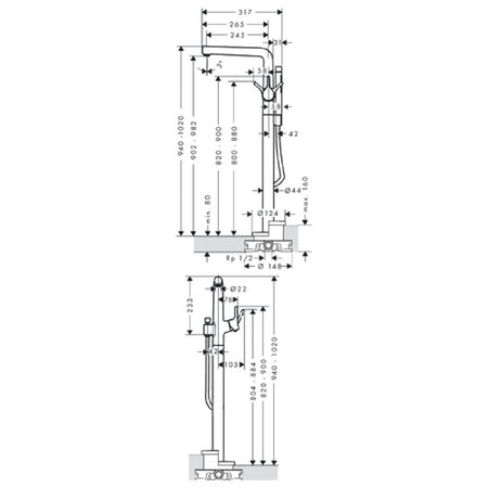 Hansgrohe Talis S podna za kadu 72412000 – tehnički crtež