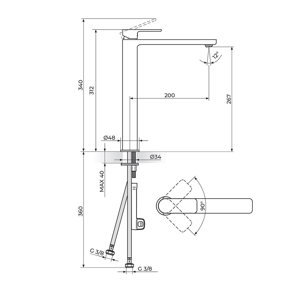 Rosan S2 Black baterija za lavabo 230501B – tehnički crtež