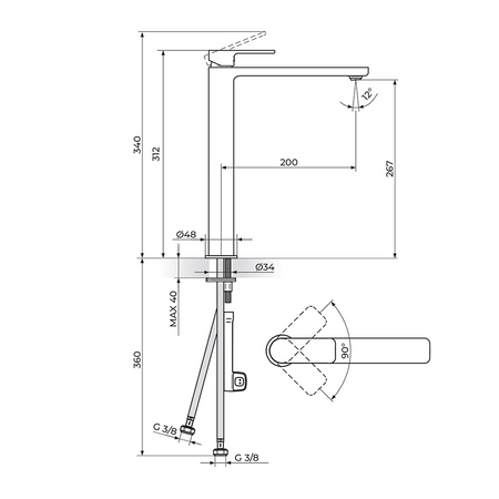 Rosan S2 Black baterija za lavabo 230501B – tehnički crtež