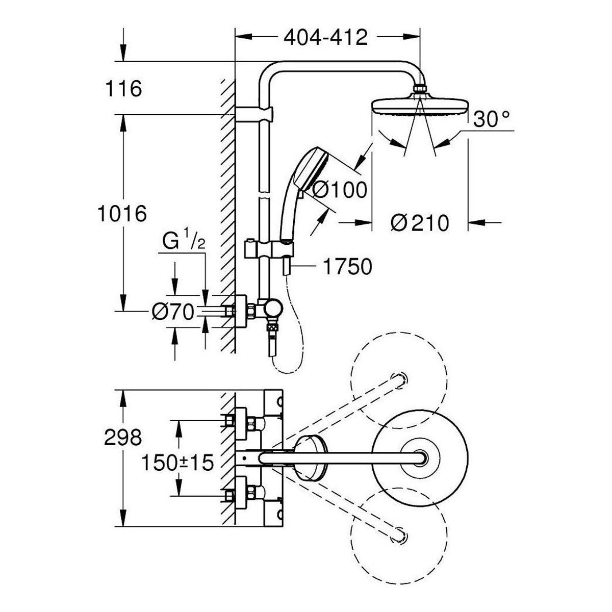 Grohe Tempesta Cosmopolitan 210 Termostatski Usponski tuš 27922001 – tehnički crtež