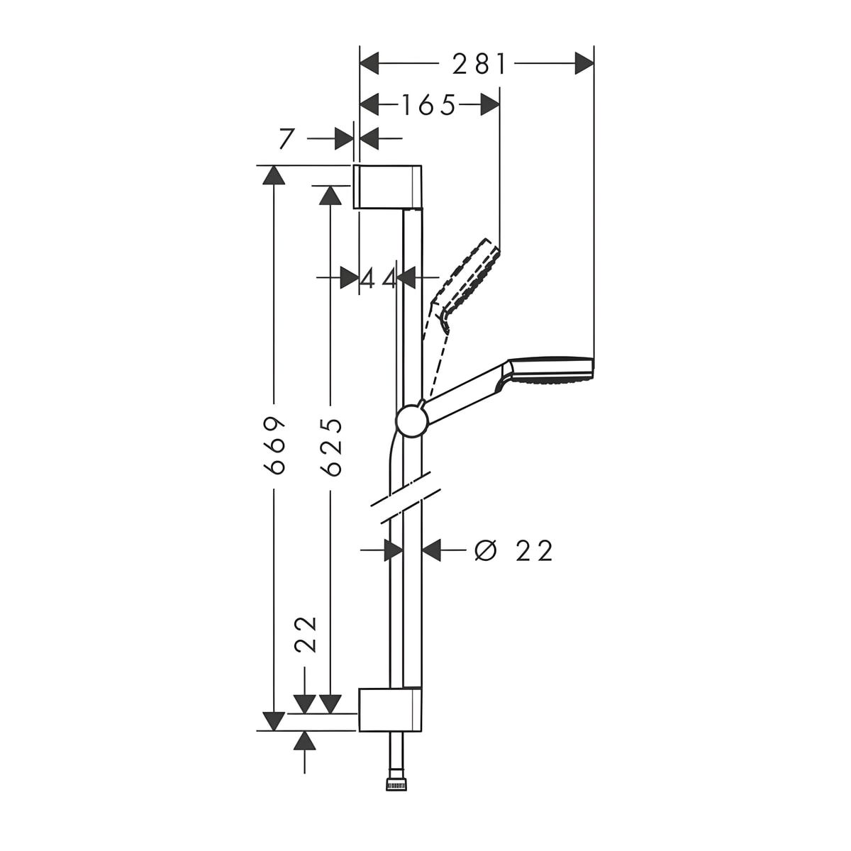 Hansgrohe Crometta Mono 100 klizna šipka set 65cm 26533400 – tehnički crtež
