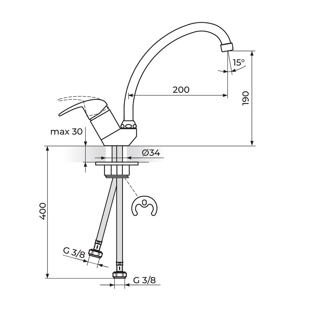 Rosan Perla baterija za sudoperu izliv 200mm JP382001 – tehnički crtež