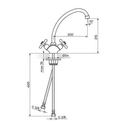 Rosan Nostalgija baterija za sudoperu – lavabo izliv 200mm N23020 – tehnički crtež
