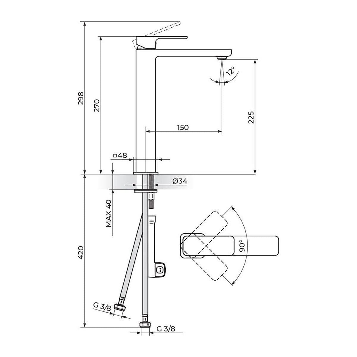 Rosan S2 baterija za lavabo 230209 – tehnički crtež