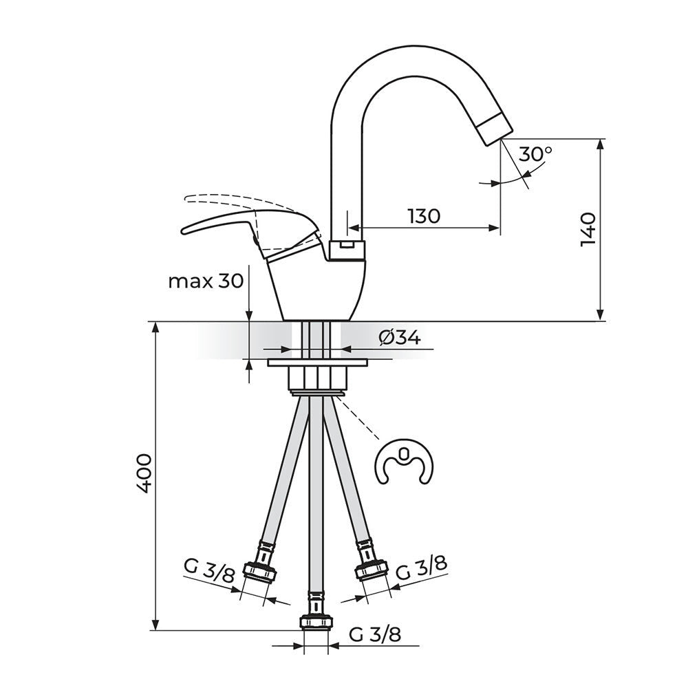 Rosan King baterija za sudoperu – protočni bojler izliv 130mm J382213 – tehnički crtež