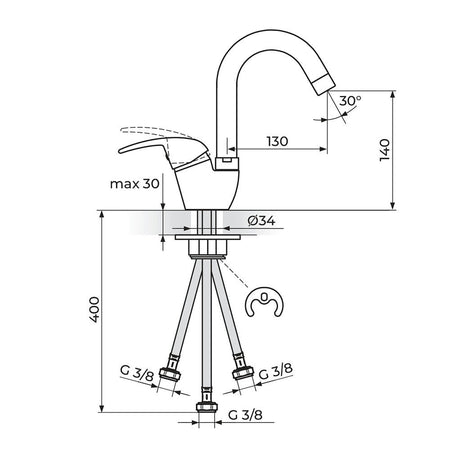 Rosan King baterija za sudoperu – protočni bojler izliv 130mm J382213 – tehnički crtež