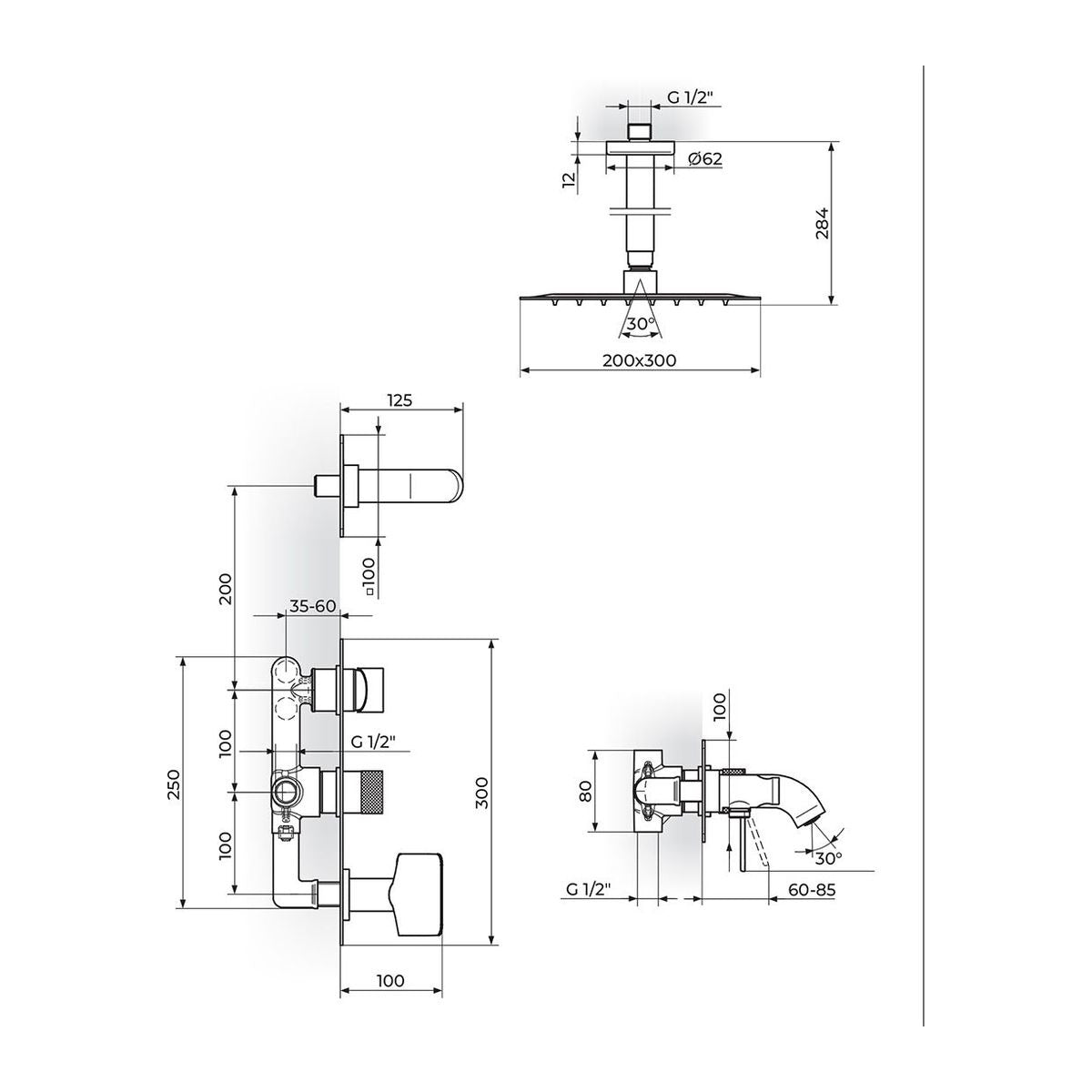 Rosan S2 baterija za tuš kadu 231507 – tehnički crtež