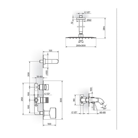 Rosan S2 baterija za tuš kadu 231507 – tehnički crtež
