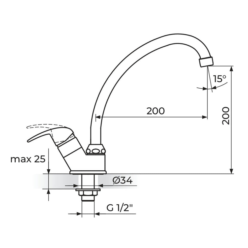 Rosan Perla jednoručna baterija za hladnu vodu izliv 200mm JP531200 – tehnički crtež