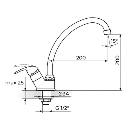 Rosan Perla jednoručna baterija za hladnu vodu izliv 200mm JP531200 – tehnički crtež