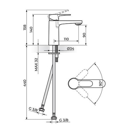 Rosan Blau baterija za lavabo crna B130100B – tehnički crtež