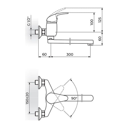 Rosan King baterija za sudoperu – lavabo izliv 300mm J321030 – tehnički crtež
