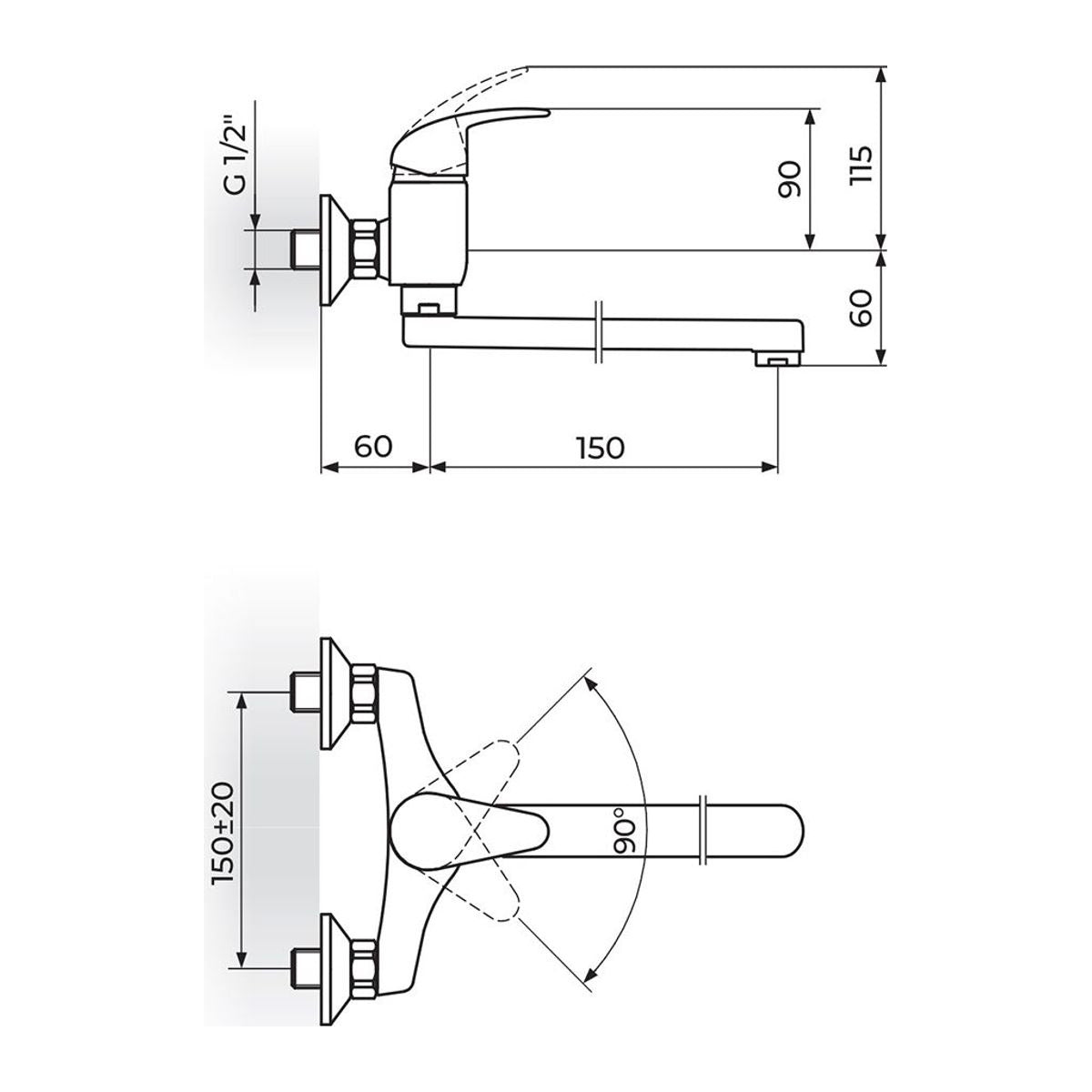 Rosan Perla uzidna baterija za sudoperu – lavabo izliv 150mm JP321015 – tehnički crtež