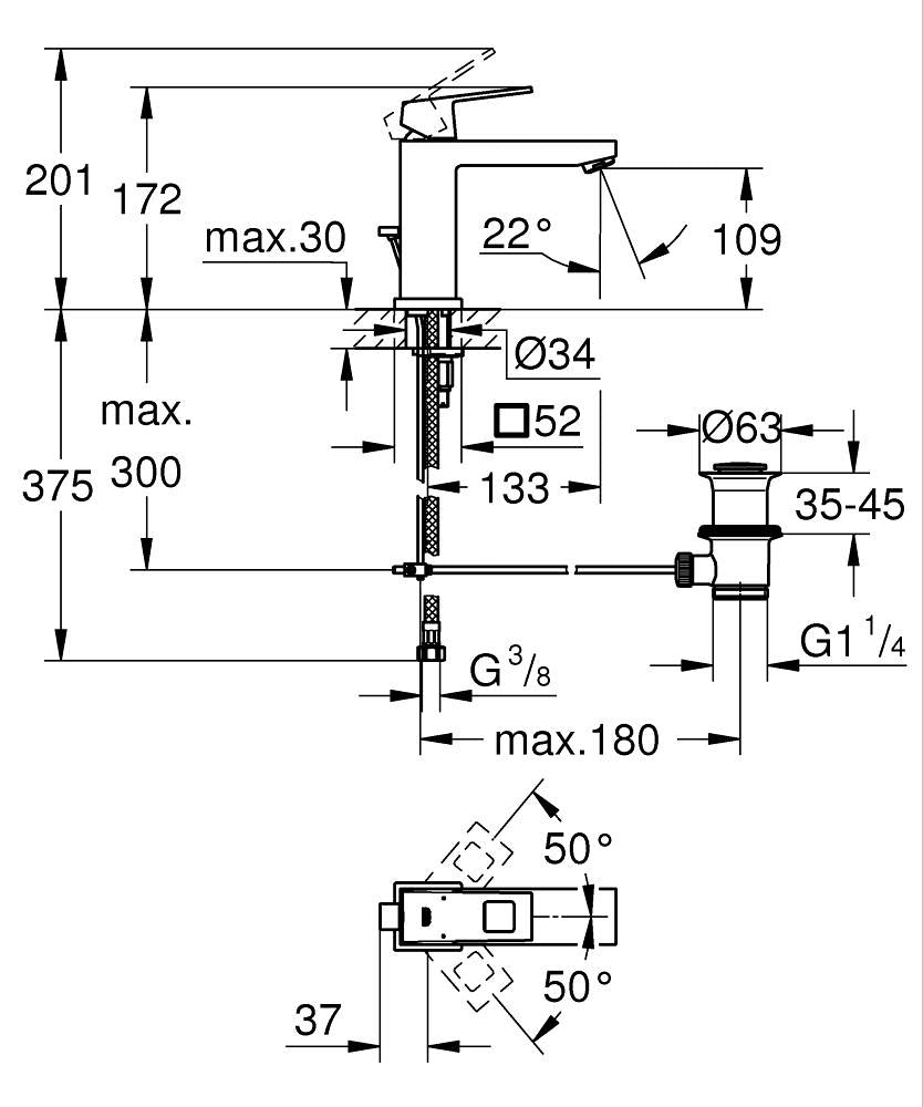 Grohe Eurocube za lavabo M size 23445000 – tehnički crtež