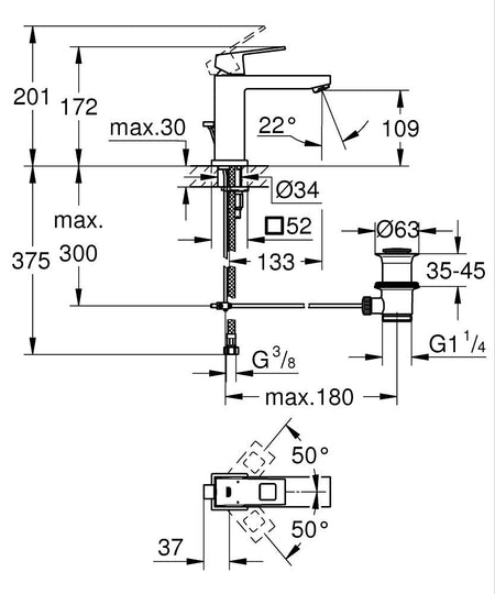 Grohe Eurocube za lavabo M size 23445000 – tehnički crtež