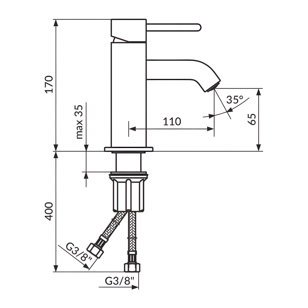 Rosan Dark baterija za lavabo JD30101 – tehnički crtež