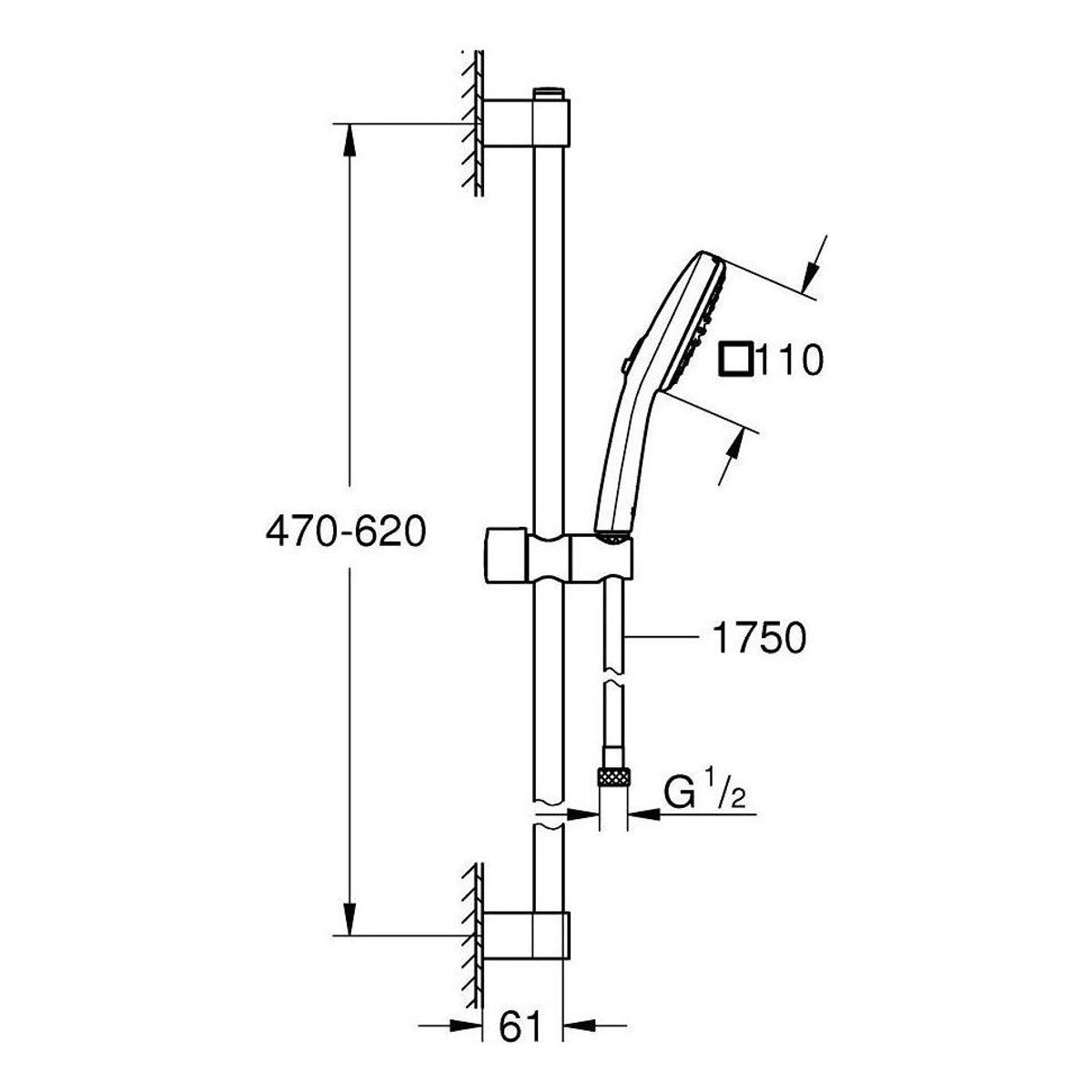 Grohe Tempesta CUBE 110 Klizna šipka SET 60cm 2F 27578003 – tehnički crtež