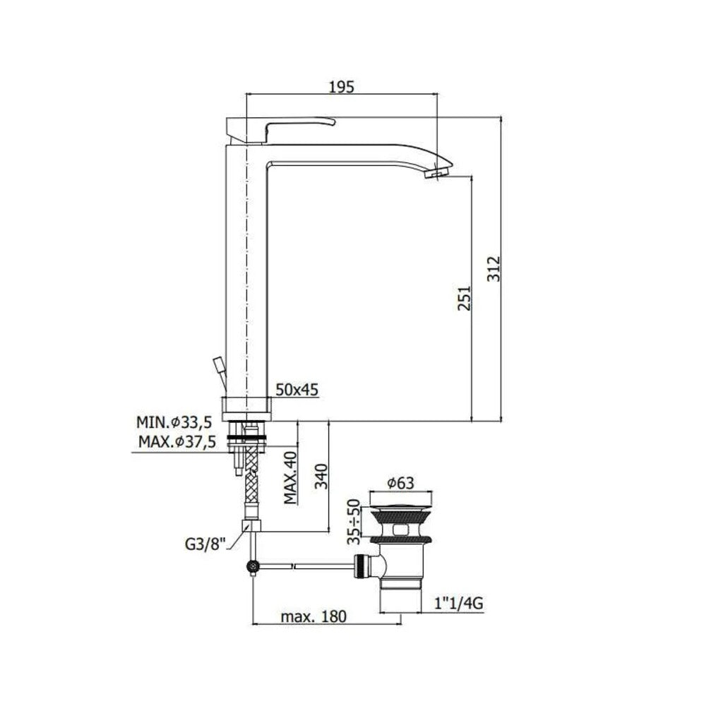 Paffoni Level za lavabo Visoka LES085CR – tehnički crtež