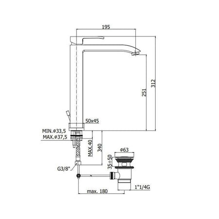 Paffoni Level za lavabo Visoka LES085CR – tehnički crtež