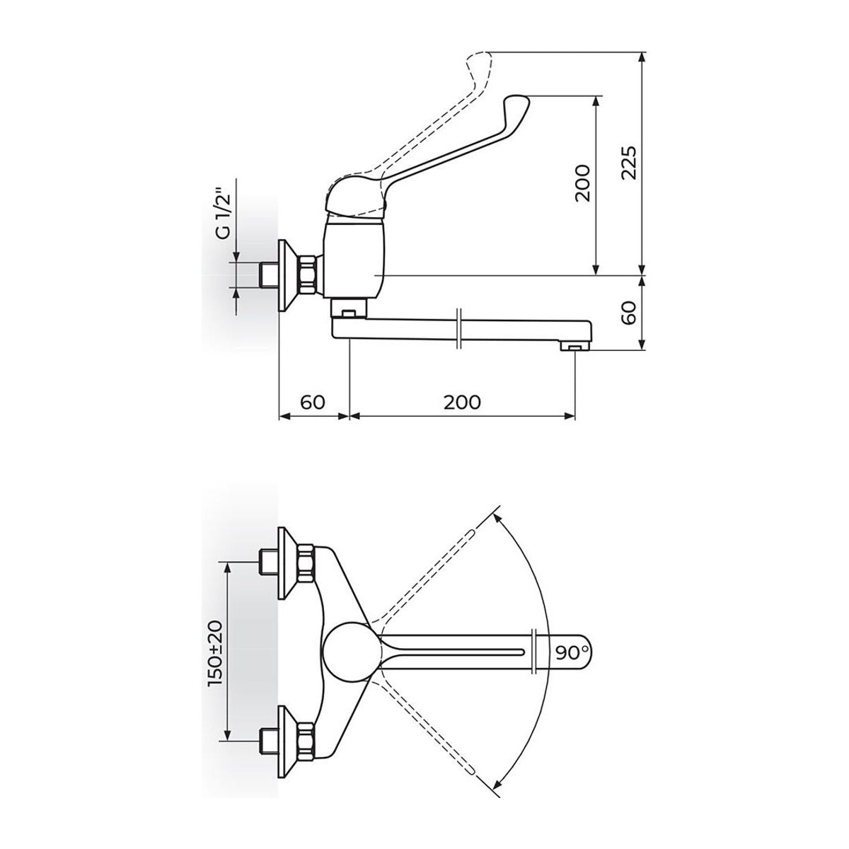 Rosan King baterija za sudoperu – lavabo izliv 200mm lekarska J32L001 – tehnički crtež