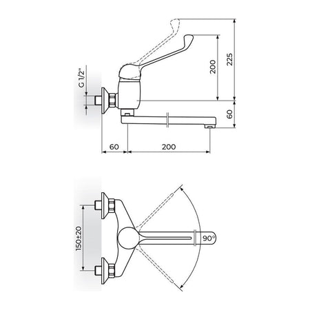 Rosan King baterija za sudoperu – lavabo izliv 200mm lekarska J32L001 – tehnički crtež
