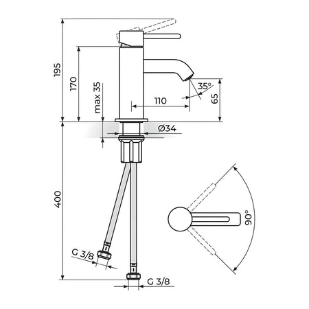 Rosan Zerro baterija za lavabo JZ30101 – tehnički crtež