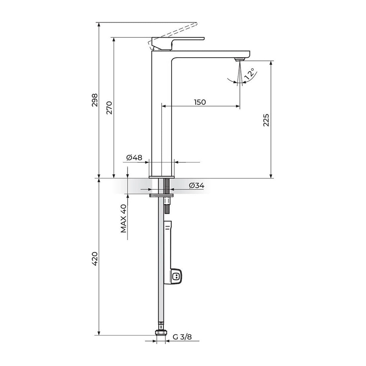 Rosan S2 Black baterija za lavabo – hladna voda 254109B – tehnički crtež