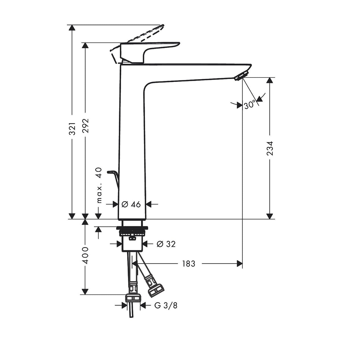 Hansgrohe Talis E 240 za umivaonik brushed bronze 71716140 – tehnički crtež