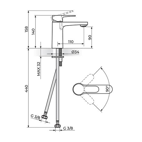 Rosan Blau baterija za lavabo B130100 – tehnički crtež