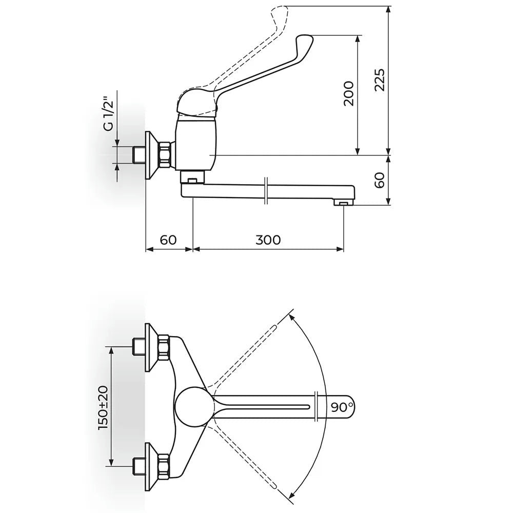 Rosan King baterija za sudoperu – lavabo izliv 300mm – lekarska J32L003 – tehnički crtež