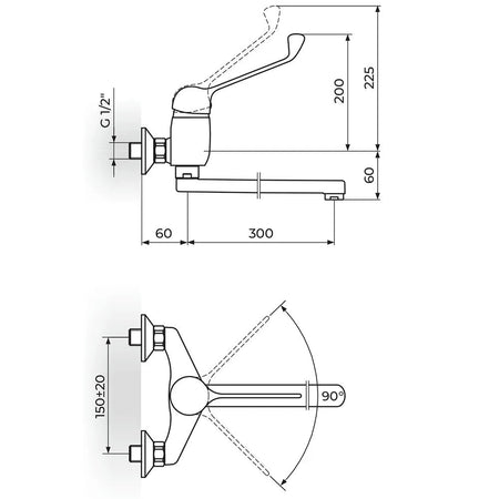 Rosan King baterija za sudoperu – lavabo izliv 300mm – lekarska J32L003 – tehnički crtež