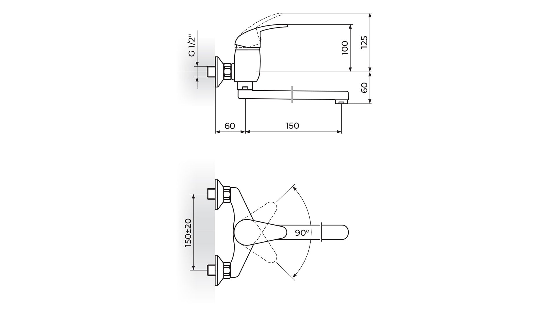 Rosan King baterija za lavabo – sudoperu izliv 150mm J321015 – tehnički crtež