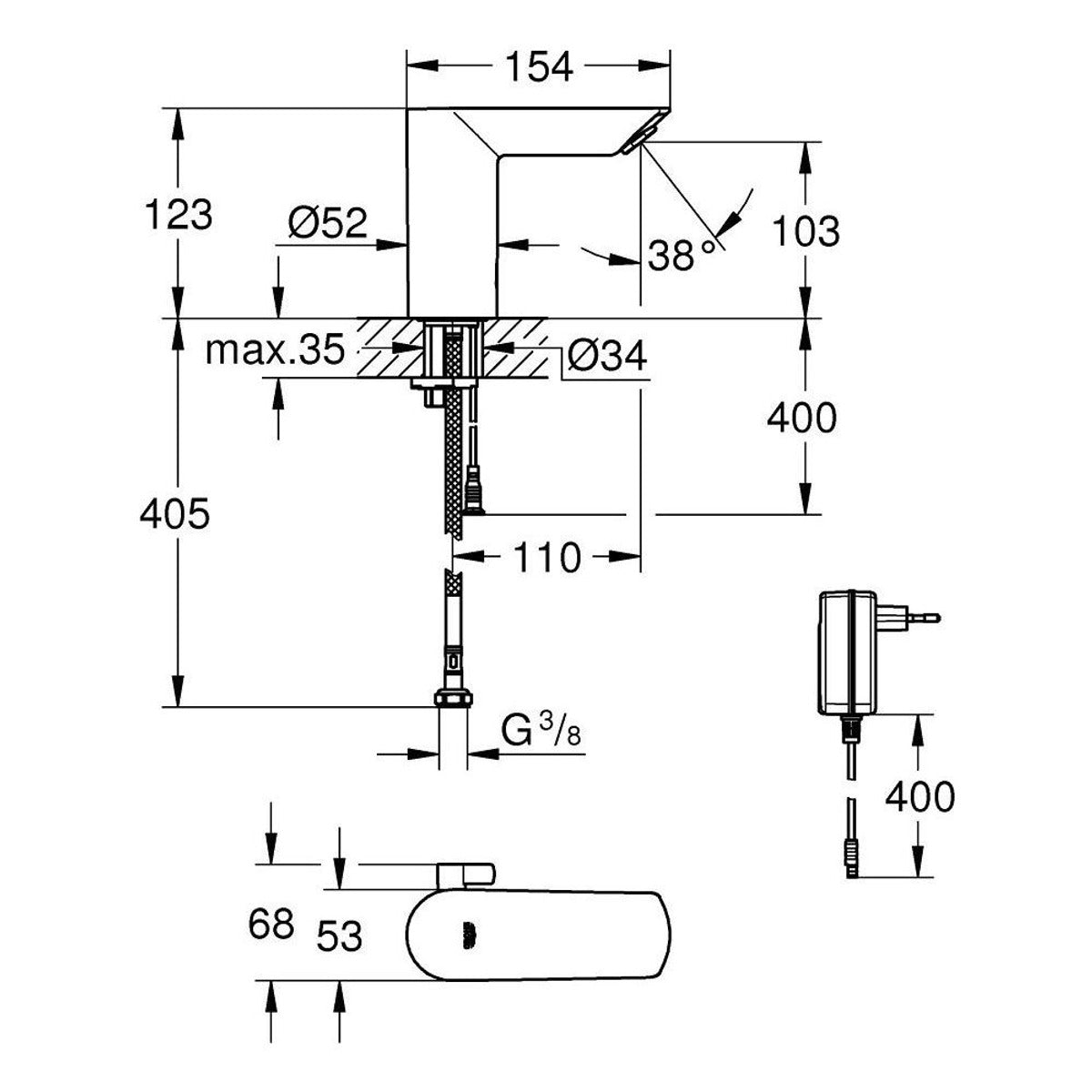 Grohe BauCosmo senzorska slavina E 220V S 36453000 – tehnički crtež