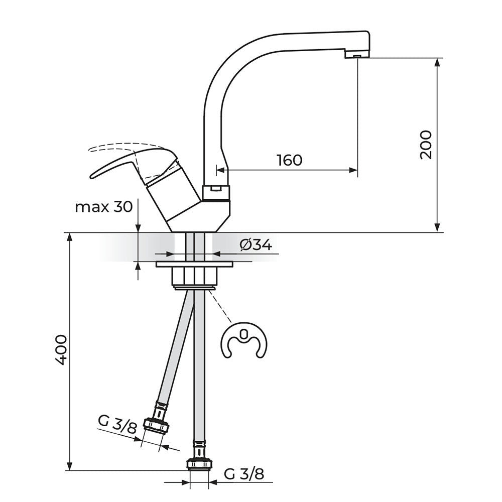 Rosan Perla baterija za sudoperu izliv 180mm JP382201 – tehnički crtež