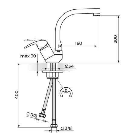 Rosan Perla baterija za sudoperu izliv 180mm JP382201 – tehnički crtež