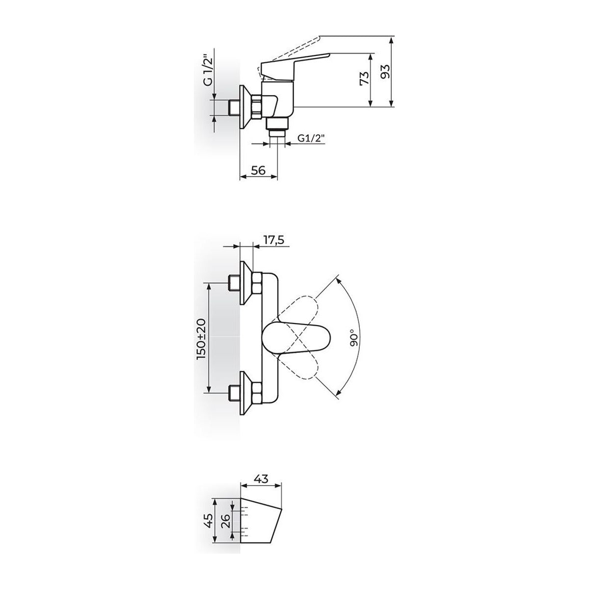 Rosan Smart baterija za tuš kadu JA371001 – tehnički crtež