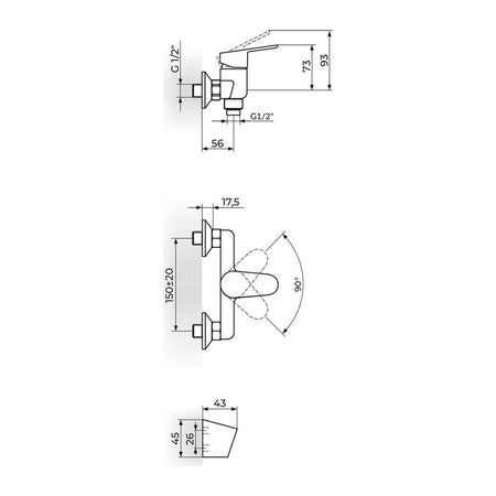 Rosan Smart baterija za tuš kadu JA371001 – tehnički crtež