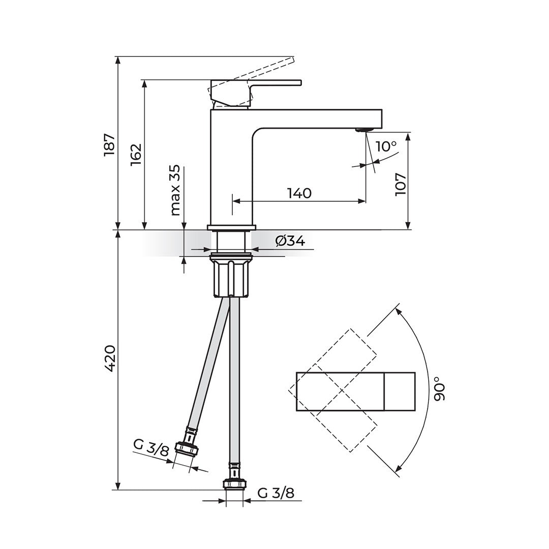 Rosan Quadro baterija za lavabo – M JQ30201 – tehnički crtež