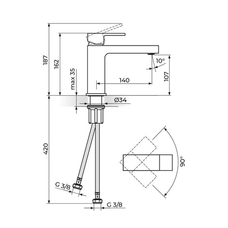 Rosan Quadro baterija za lavabo – M JQ30201 – tehnički crtež